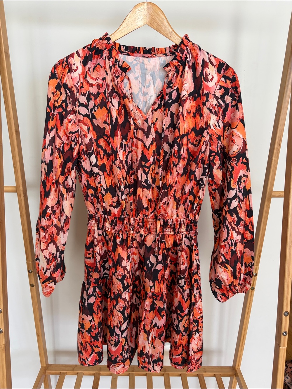 Vibrant Abstract Print Long Sleeve Mini Dress - Coral & Black
